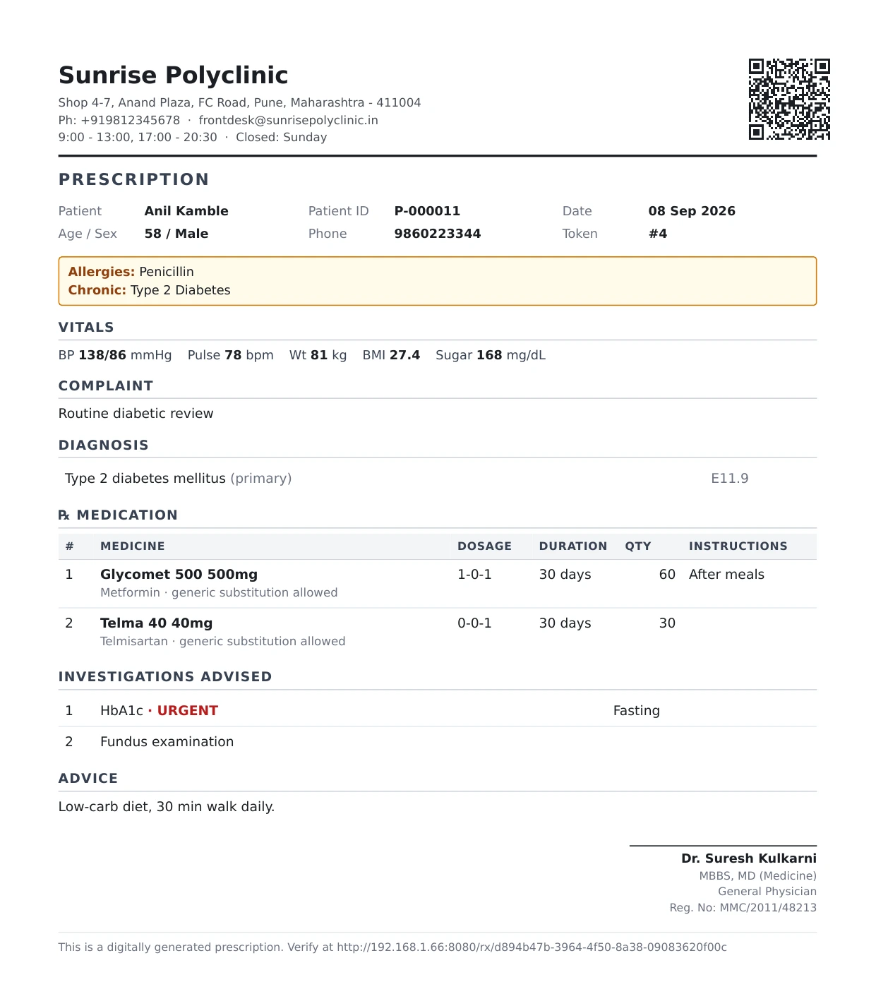 A printed Flowscale prescription: clinic letterhead and QR code, an amber allergies and chronic conditions panel, vitals, complaint, diagnosis with its ICD-10 code, two medicines with dosage and duration, investigations advised, and the doctor's signature block with their registration number.
